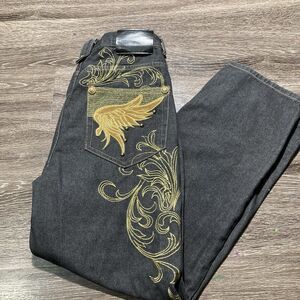 Crazy Y2K Embroidery Jeans 32x30 Baggy Emo 2000s Golden Wing Game Time Jeans